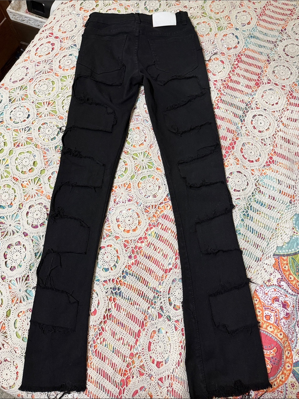 Black Distressed Patch Flare Jeans
